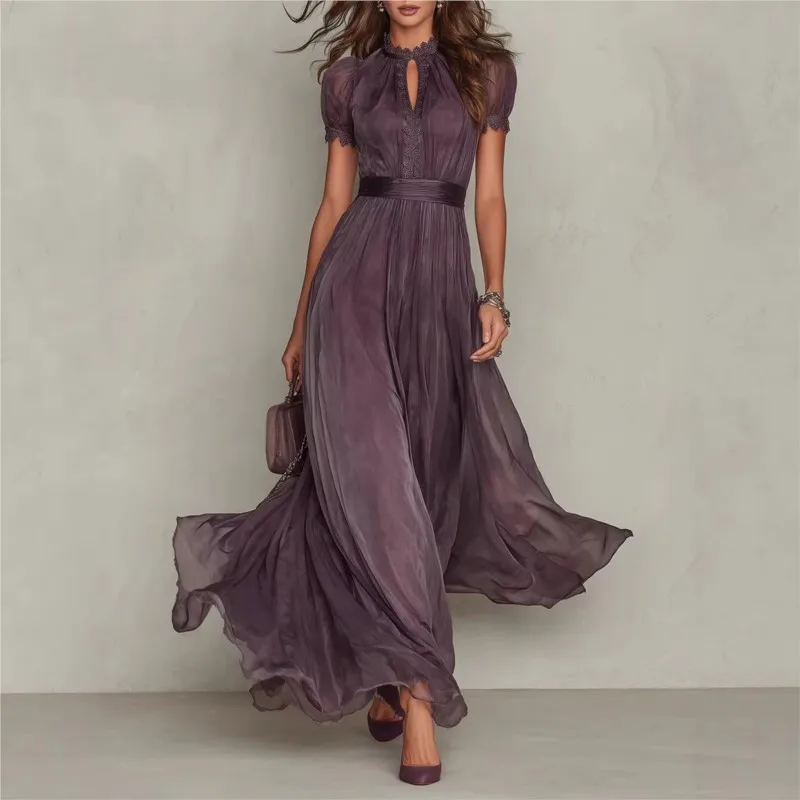 Women New Fashion Ruffles Beach Style Maxi Dresses Summer Elegant Short Sleeve Party Dress O Neck Simple Chic Ladies Dress