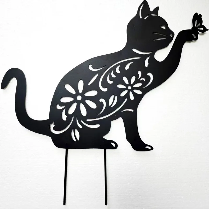 Creative Wrought Iron Hollow Cat Ornaments Outdoor Garden Flower Arrangement Lawn Landscaping Plug-in Crafts Garden Decoration