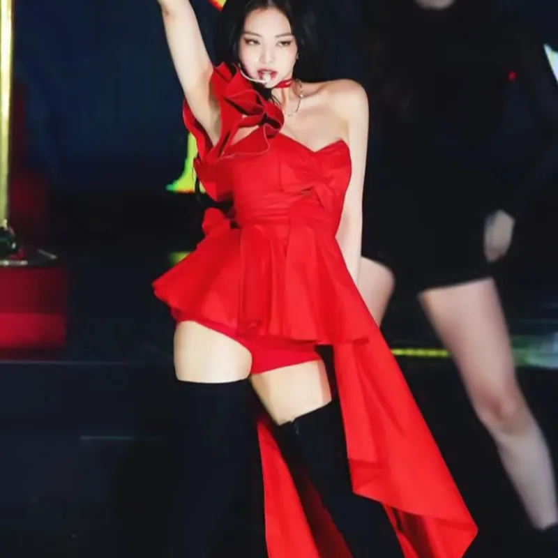 Red Shoulder-baring Dress Stage Year-end Conference Host Singer Performance Costume Sweet Style Midi Skirt without Sleeve