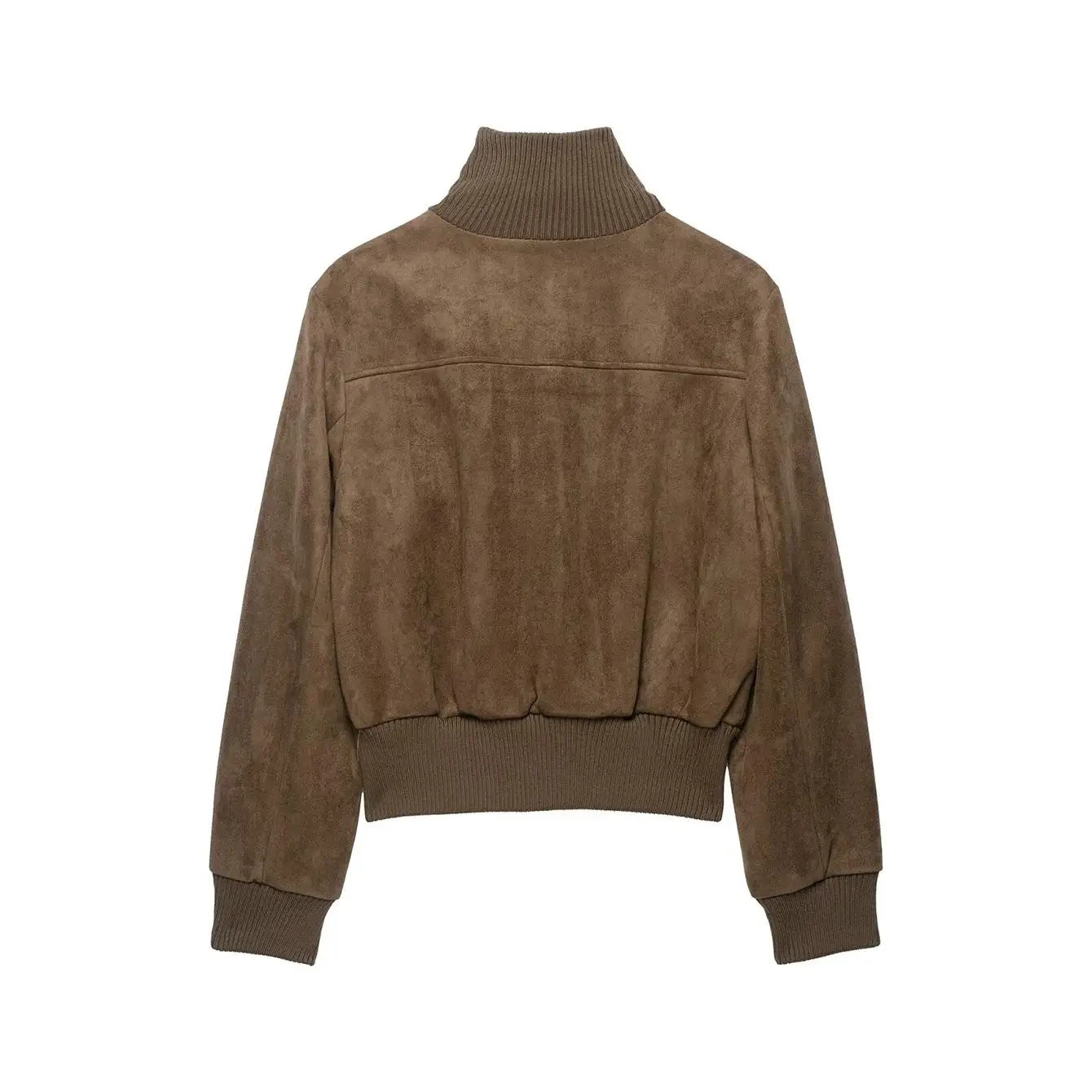 TFMLN Damen Kunstwildlederjacke, einfarbig, schmale Passform, hoher Kragen, lange Ärmel, Reißverschlusstaschen, elastischer Saum, Mantel, Herbstjacken 2026, neu – Detail 3