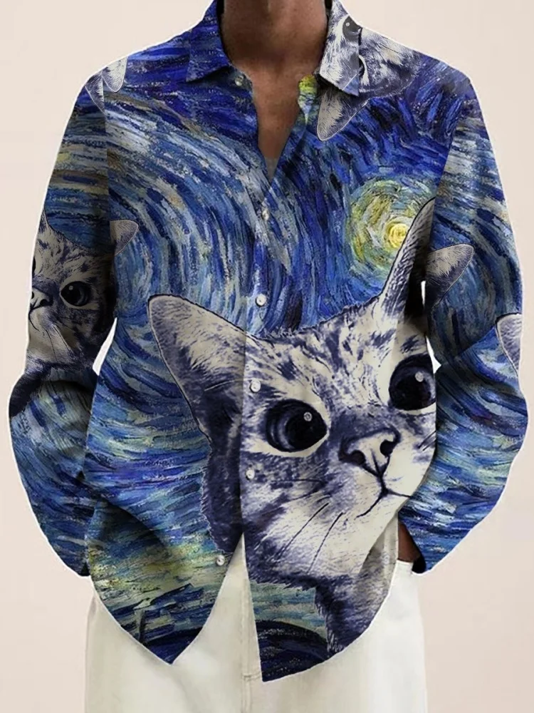 

Модные мужские рубашки, винтажный однобортный топ с длинным рукавом, повседневная богемная рубашка большого размера, туники на пуговицах Ван Гога и кошки