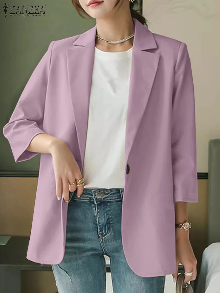 2024 ZANZEA Eleganckie damskie marynarki Letnie garnitury robocze OL Casual Lapel Neck 3/4 Sleeve Office Lady Cardigan Solid Shirt