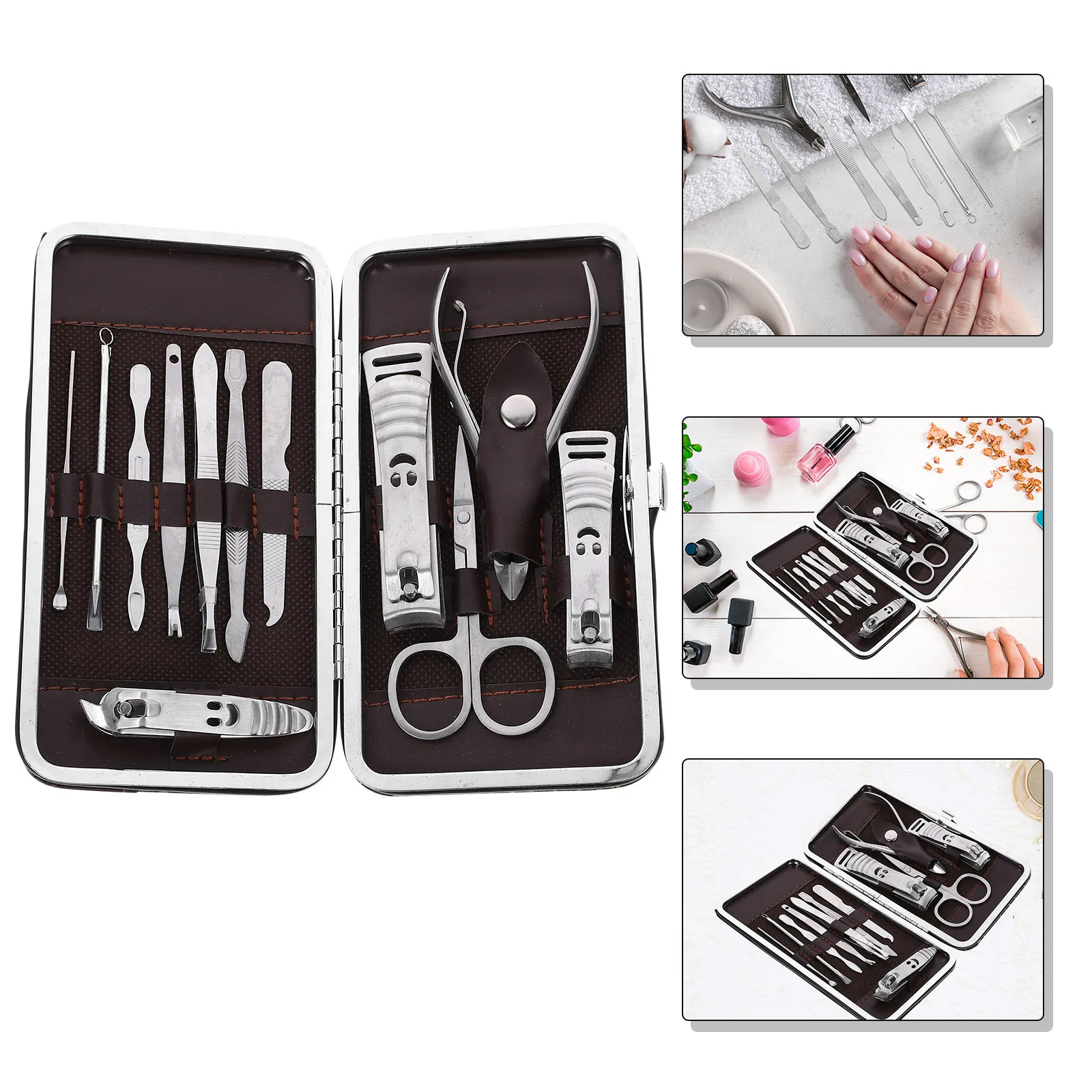 12개 네일 세트 스테인리스 스틸 전문가용 매니큐어 페디큐어 그루밍 키트 여행용 네일 케어 도구 휴대용 매니큐어 키트