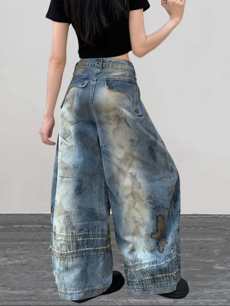 Large Size American Street Retro Washed Distressed Curved Knife Jeans Wide Leg Denim Loose Sickle Pants Y2k Baggy Jeans Ladies