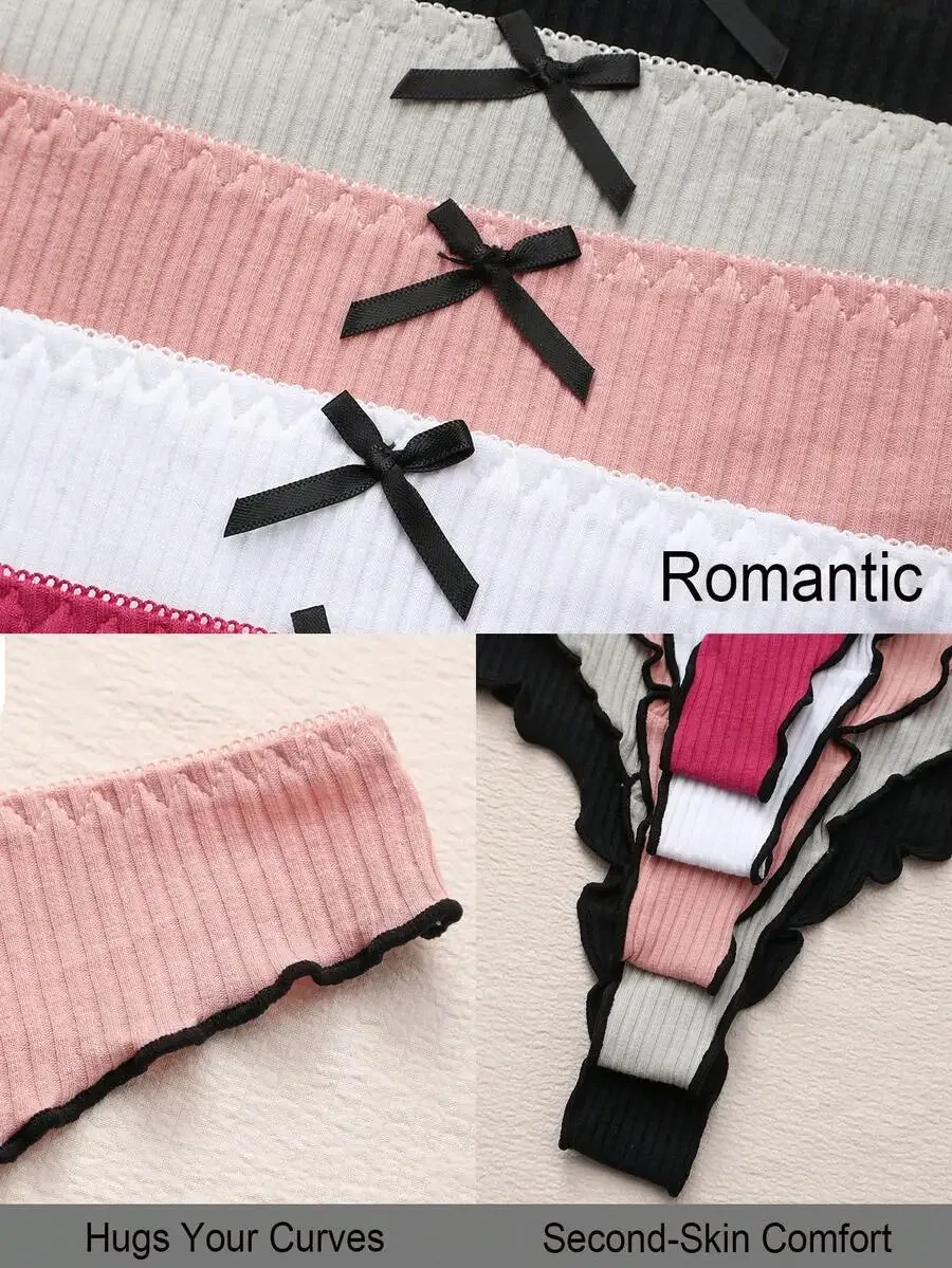 

5pcs Women Low Waist Bow Thong Panties Soft Comfortable T-Back Elastic Underwear