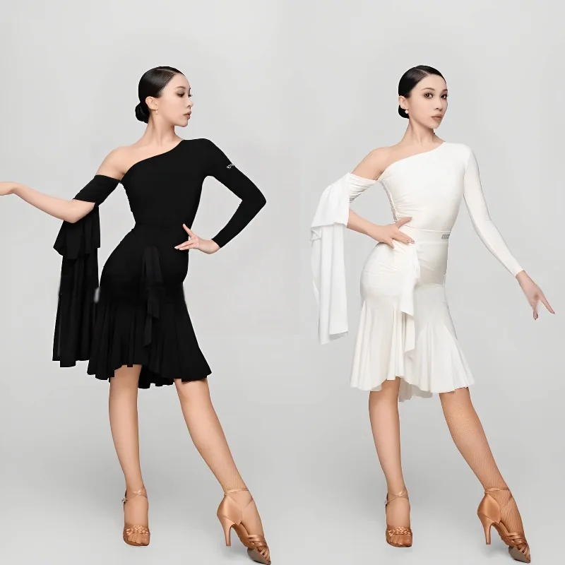 Customized Adult Slant Shoulder Detachable Top Drawstring Flowing Half Skirt Modern Dance Dress Pants Latin Dance Dresses Women
