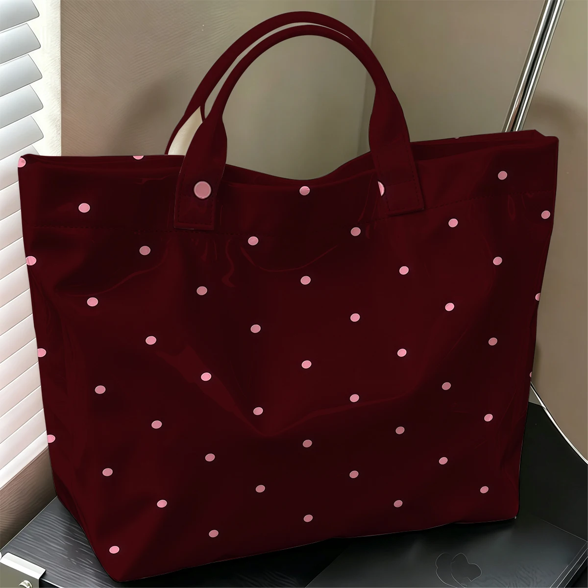 Burgundy Polka Dots Hot Sale Large Glossy PVC Tote Bag Hand Washable Waterproof Great for Travel Commute Makeup Storage Handbags