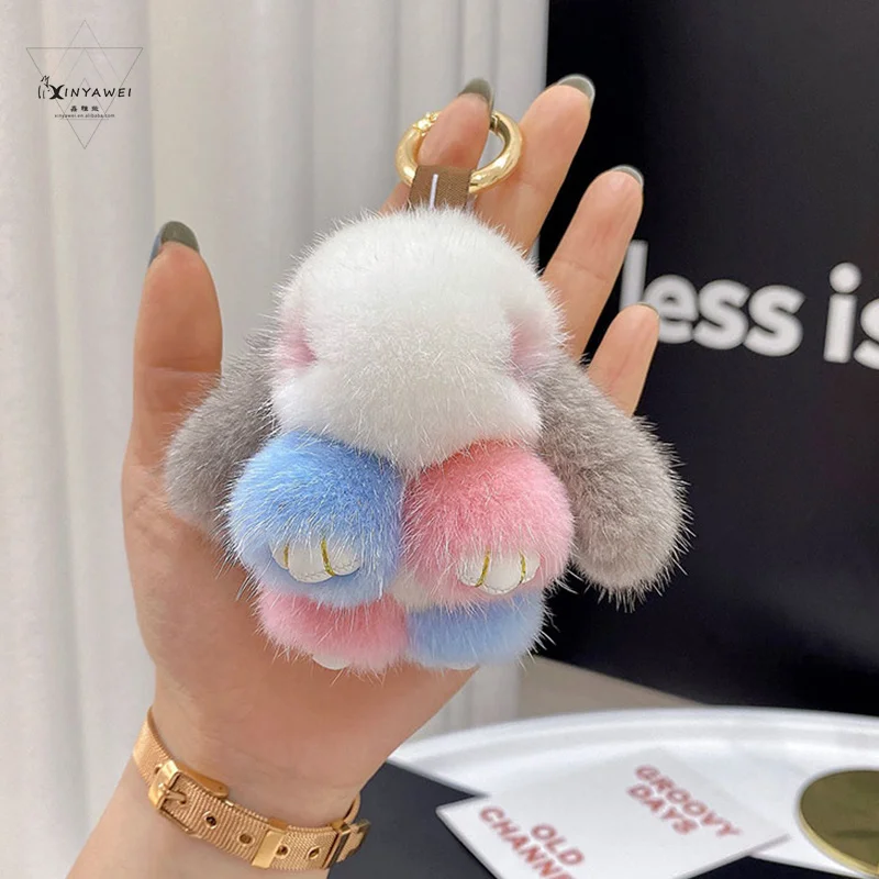 100% Real Mink Fur Key Chain Luxury Rabbit Keychain For Car Keys Fur Keychain Rhinestones Wonmen's Fluffy Key Chain Accessories