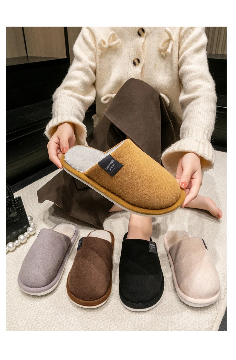 Einfarbige Wildleder-Hausschuhe für Damen, Herbst und Winter, Haushalt, Schlafzimmer, Boden, rutschfest, Plüsch, geschlossener Zehenbereich, Heimschuhe – Detail 5