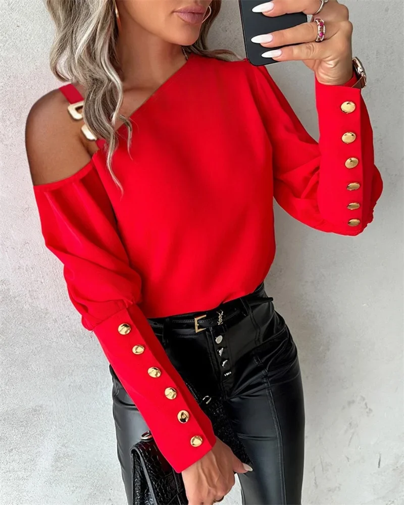 2024 Fashion Slant Neck Pullover Shirt Women Metal Button Patchwork Single Suspenders Blouse Female Elegant Office Commuter Tops