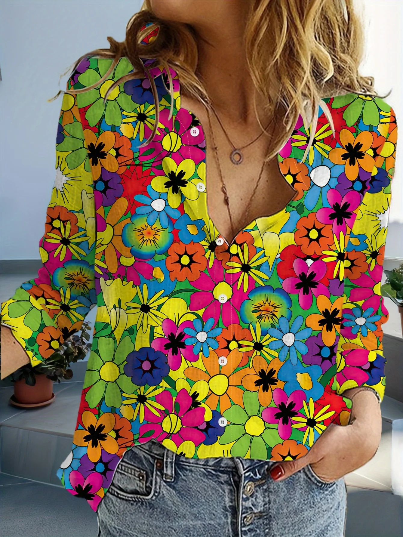 Women's Casual Flower Print Blouse Lapel Neck Blouse Women Long Sleeve Shirts Womens Clothing Casual Clothes Female Clothing
