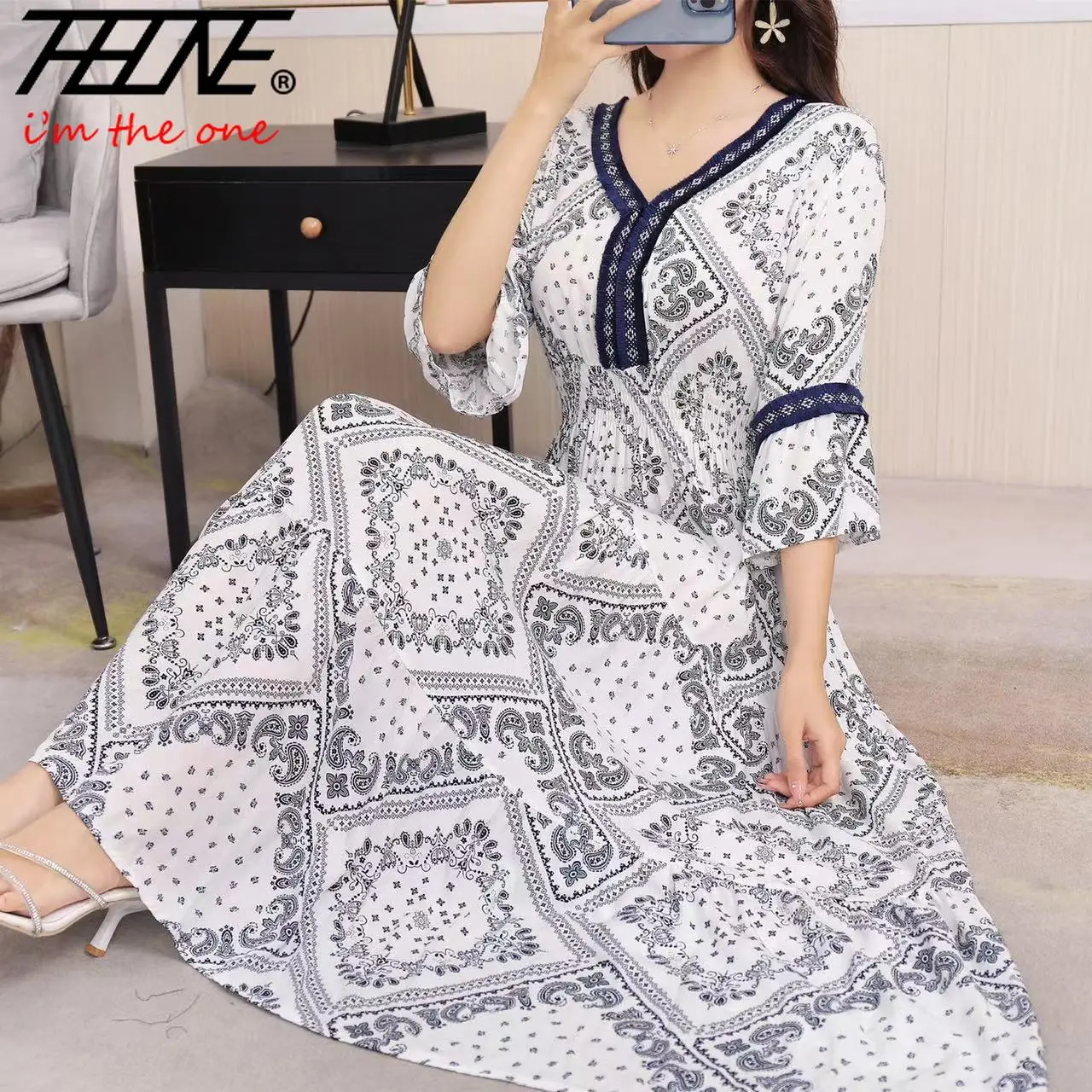 여성용 보헤미안 레이스 프린트 플로럴 코튼 맥시 V넥 캐주얼 빈티지 베스티도 로브, 한국 패션 스타일, 여름 인도 드레스