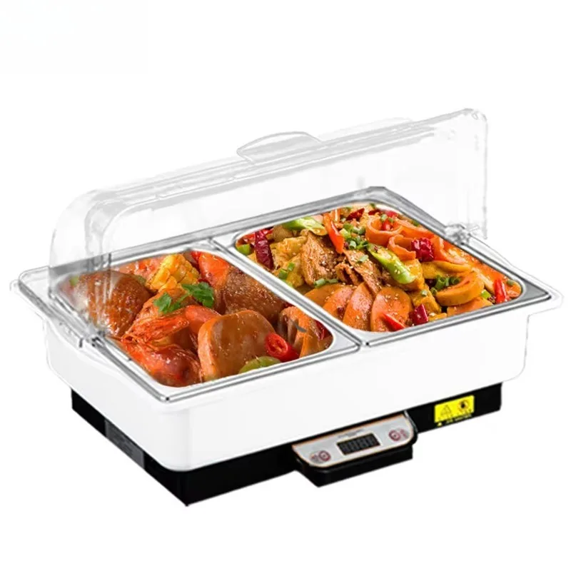 PC Transparent Flip Cover Electric Chafing Dish Water Bath Bain Marie Stainless Steel Buffet Food Heater for Hotel