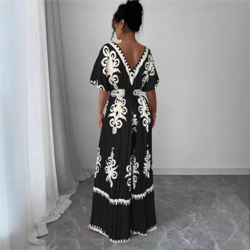 Tuta con pantaloni larghi a maniche corte stampata casual alla moda con scollo a V sexy per la nuova tuta a vita alta da donna primavera estate