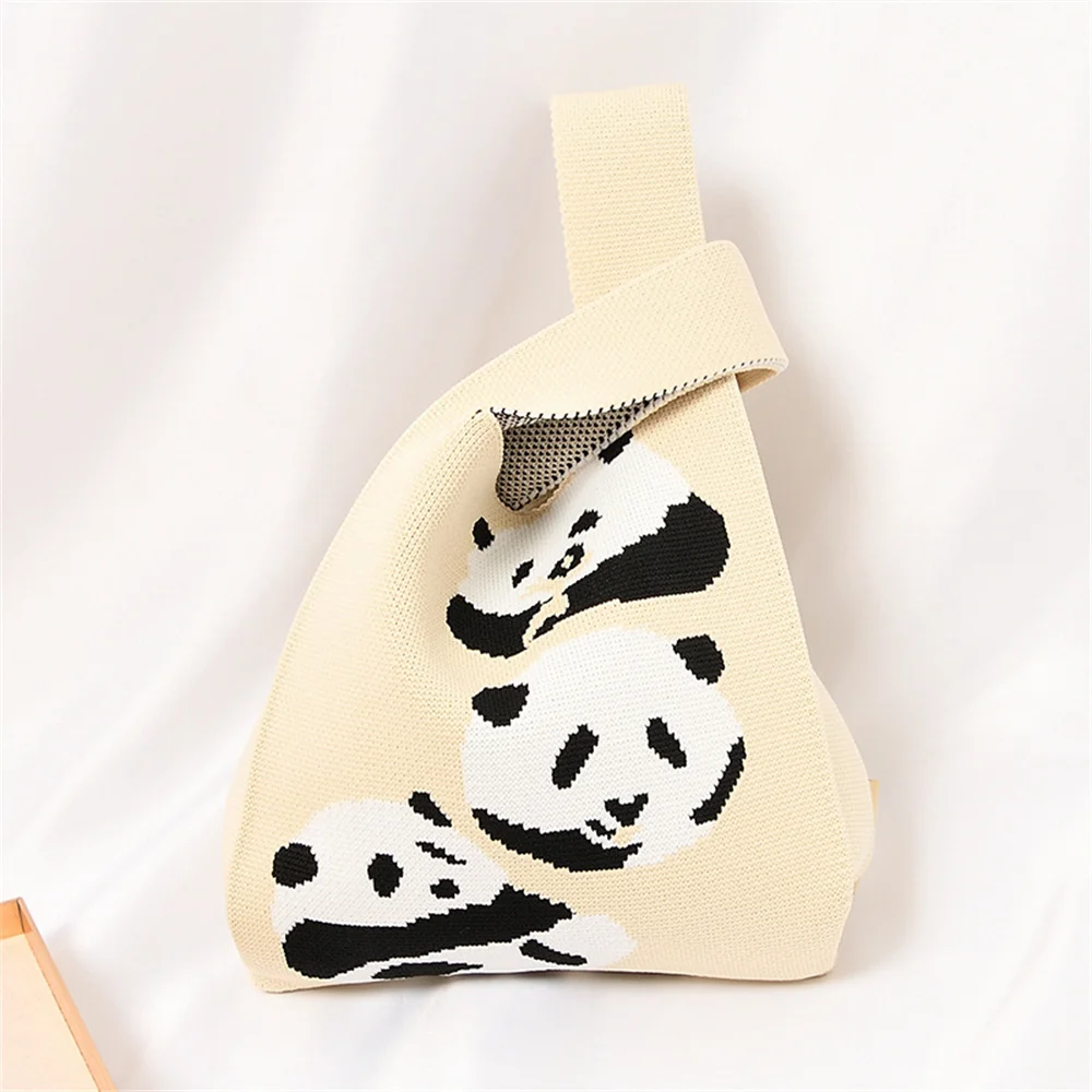 Summer Knitted Bag Women Leisure Wrist Bag Cute Colorful Carrot Panda Cat Print Handbag Student Tote Bag Lightweight Purse