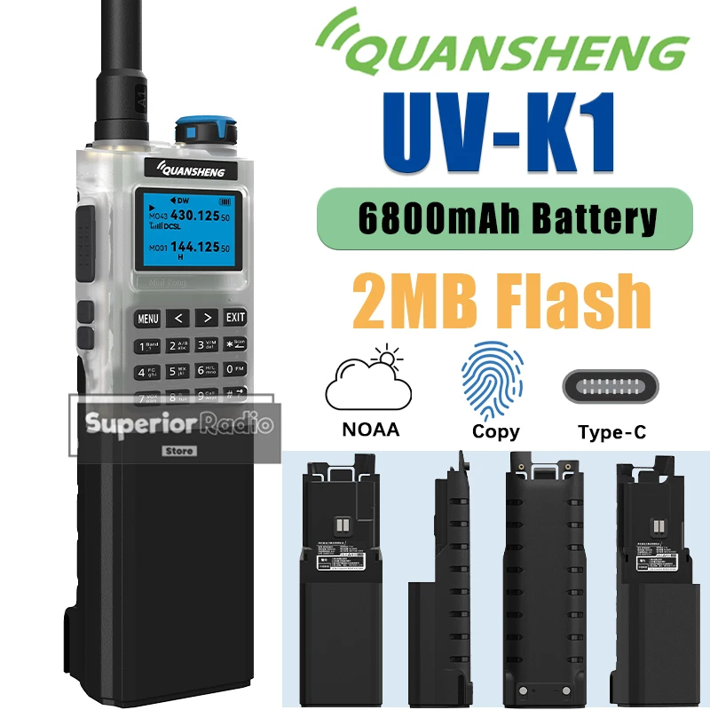 QUANSHENG UV-K1 6800mAh Enlarger Extended Battery Air Band Walkie Talkie AM FM 2MB Flash 10 Group Scrambler 50-600MHz Receiving