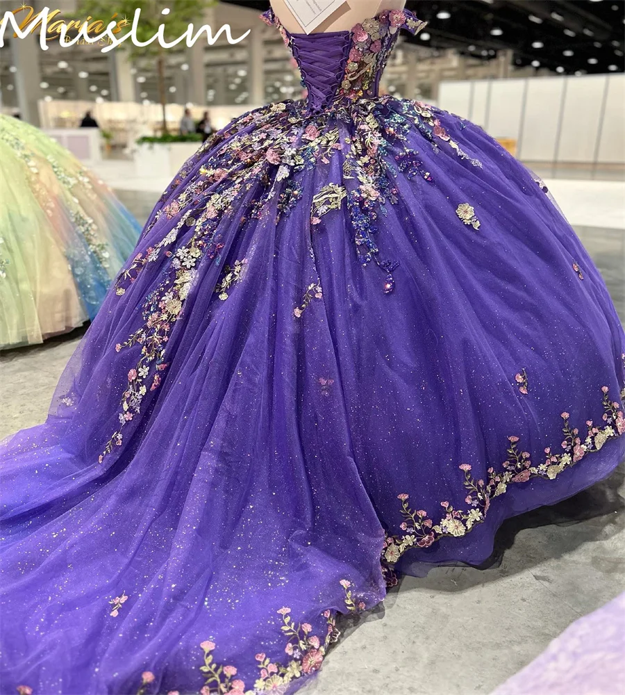 Luxury Purple Quinceanera Dresses Mexican Puffy Tulle Ball Gown Prom Vestidos De Xv 15 Años Birthday Party Flowers Customized