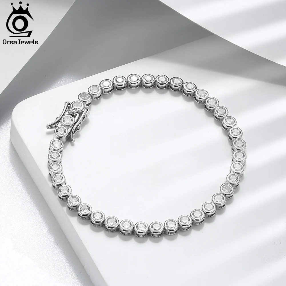 

ORSA JEWELS S925 Sterling Silver 2mm Zirconia Tennis Ball Bracelet for Women Fashion Engagement Wedding Charm Jewelry Gift SB144