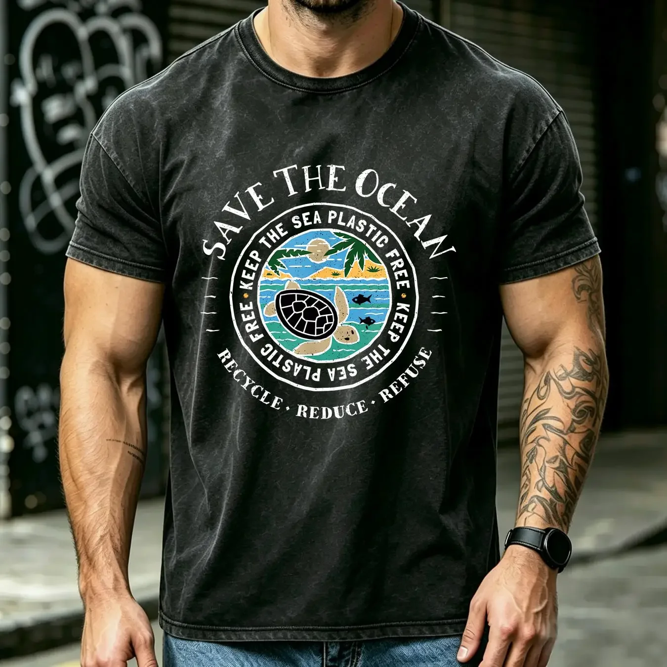 washed T Shirt Save The Ocean Keep Sea Plastic Free Turtle Size S 5XL vintage Washed Top For Everyday Wear Stylish Versatile