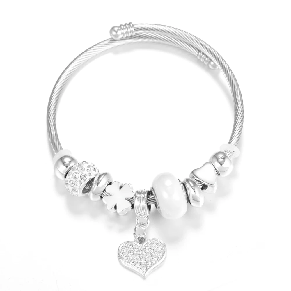 Heart-Shaped Rhinestone Stainless Steel Beaded Bracelet Women Glamorous Crystal 4 Colors Closure Adjustable Bangles Jewelry Gift