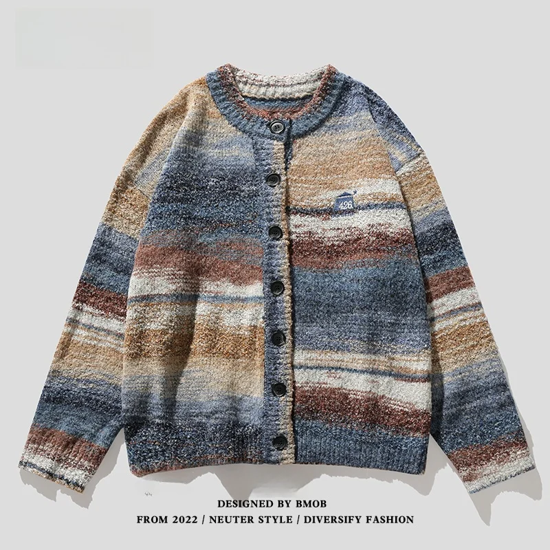 

BMOB Vintage Color Blo Men's Sweater Loose Striped adient Knitted Open Cardigan Autumn Casual Sle Long Sve round Ne