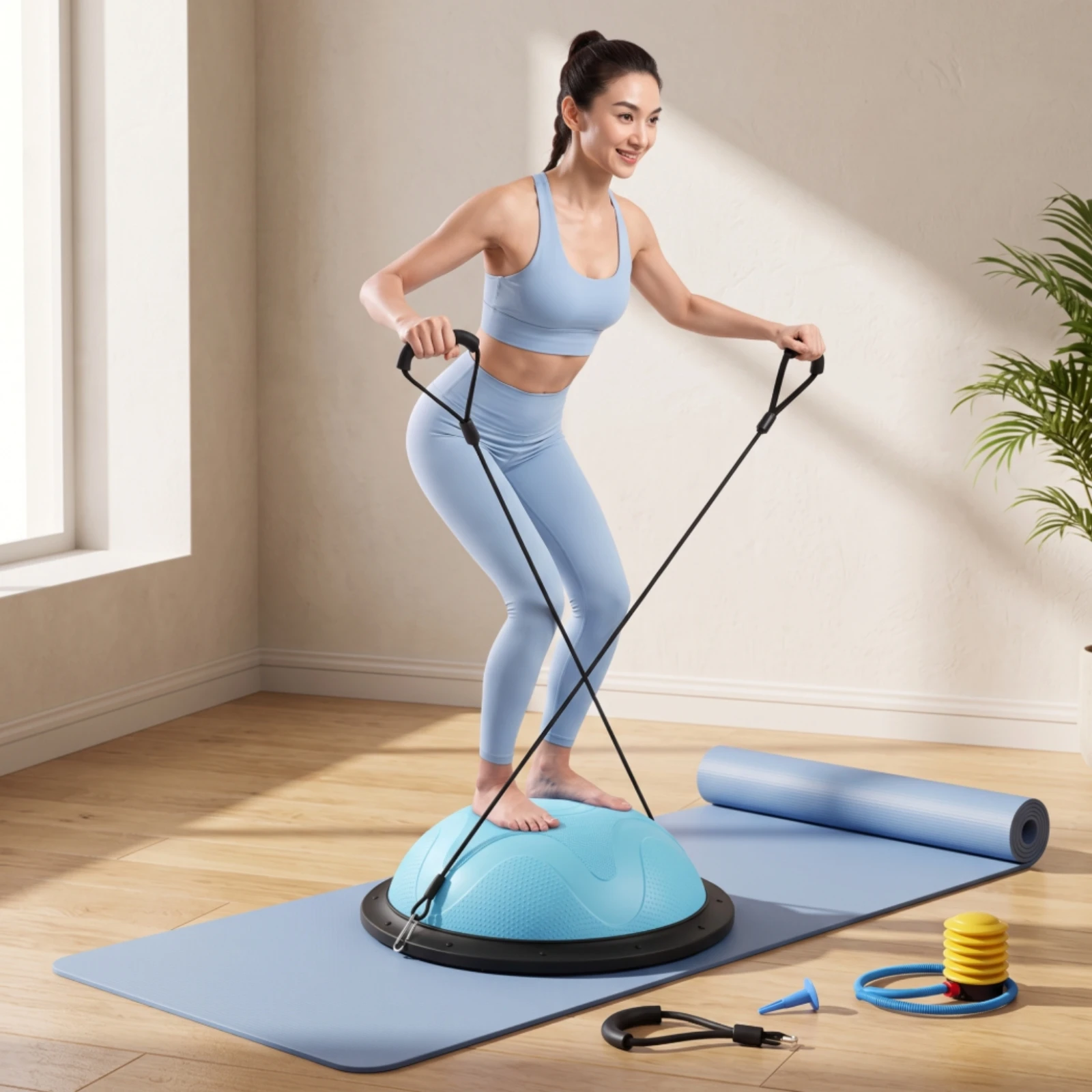 Half-Dome Balance Instructor Multifunctional Balance Board with Resistance Bands Compact Heavy-Duty for Fitness Enthusiasts