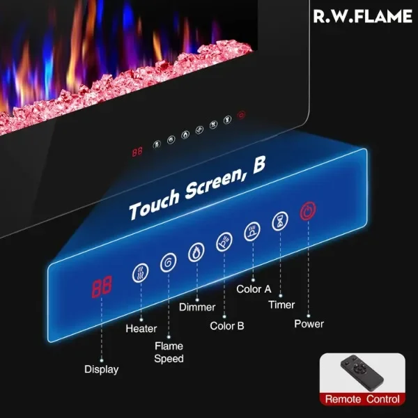 R.W.FLAME-lareira elétrica embutida e montada na parede, baixo ruído, controle remoto com temporizador, tela sensível ao toque, 60 pol