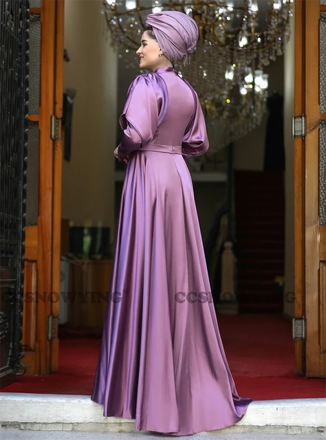 Elegant Satin Long Sleeves Hijab Evening Dresses High Neck Muslim Formal Party Gown Arabic Dubai Islamic Robes De Soiree AliExpress