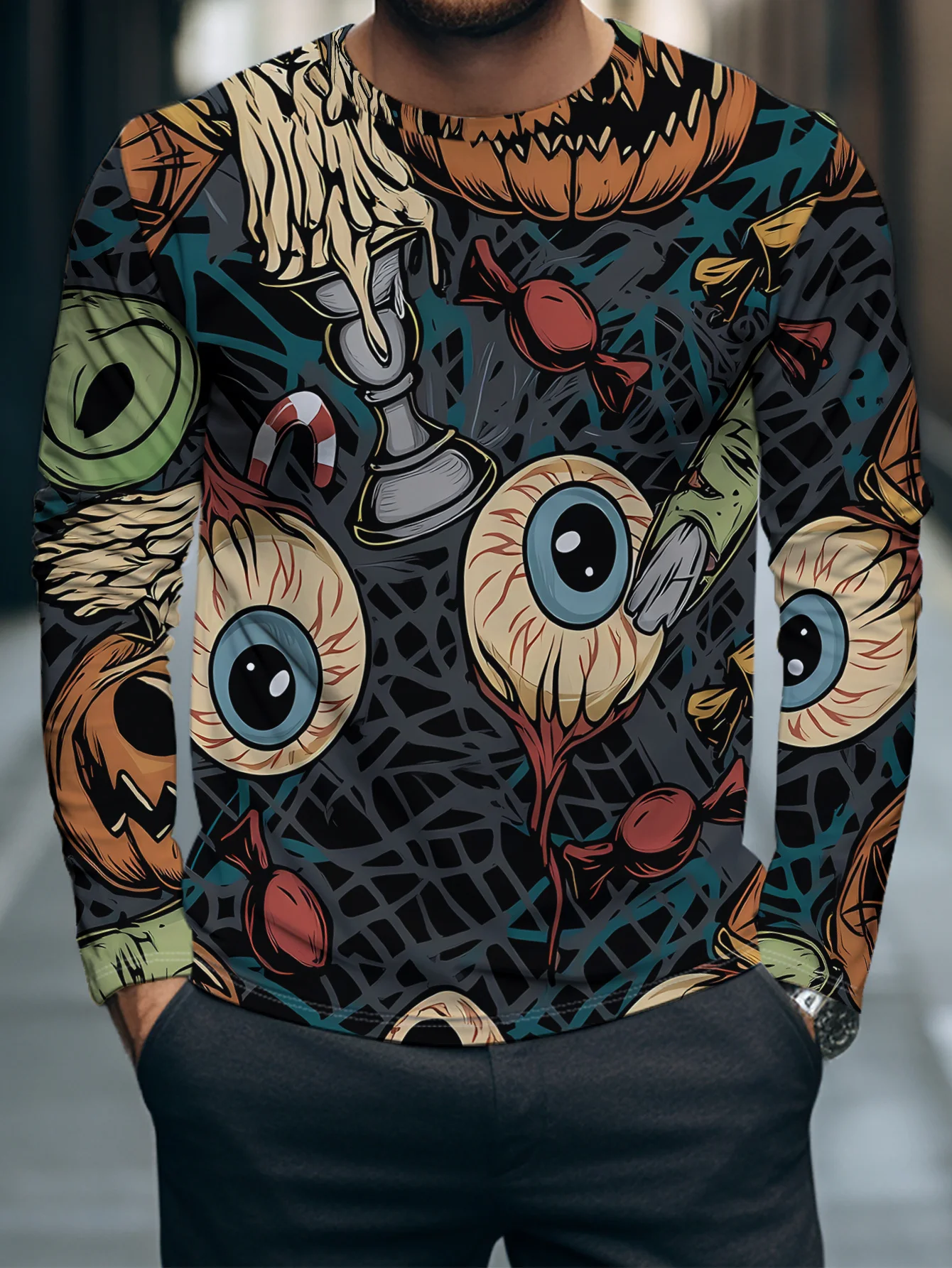 Men Long Sleeve T‑Shirt Halloween All‑Over Print Pumpkin Eyeball Zombie Candy Crew Neck Horror Casual Tops