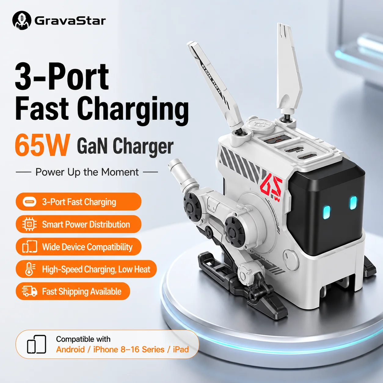 Cargador GravaStar Alpha65 Dog Nitrogen de 65W GaN Tipo C, Adaptador de Carga Rápida para iPhone, Huawei, Xiaomi y Otros Smartphones, Uso Diario