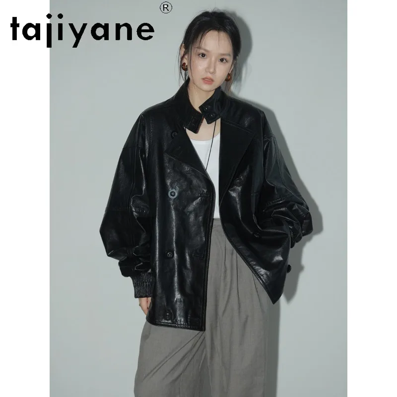 TAJIYANE Ultra Thin Oil Waxed Sheepskin Genuine Leather Jacket Woman Black Leather Coat Mid Length Jackets for Woman Loose 가죽자켓