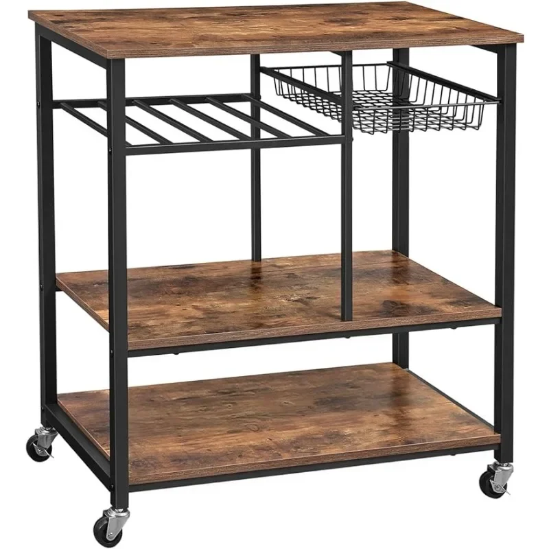 XMSJ Kitchen Cart, Food Storage Shelf with Metal Mesh Basket, Bottle Holder and Storage Shelves, 15.7 x 31.5 x 34.1 Inches