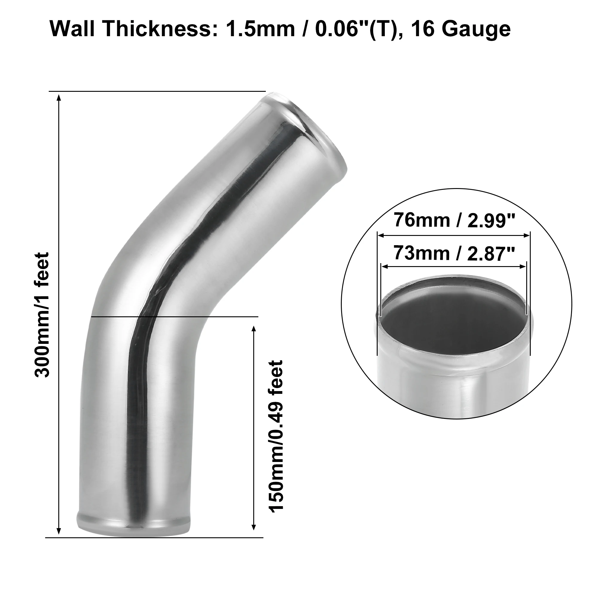 UXCELL Spruitstukslang Luchtinlaatbuis Universele OD 76 mm Lengte 300 mm 45 graden Aluminium buis Intercooler Pijp voor auto