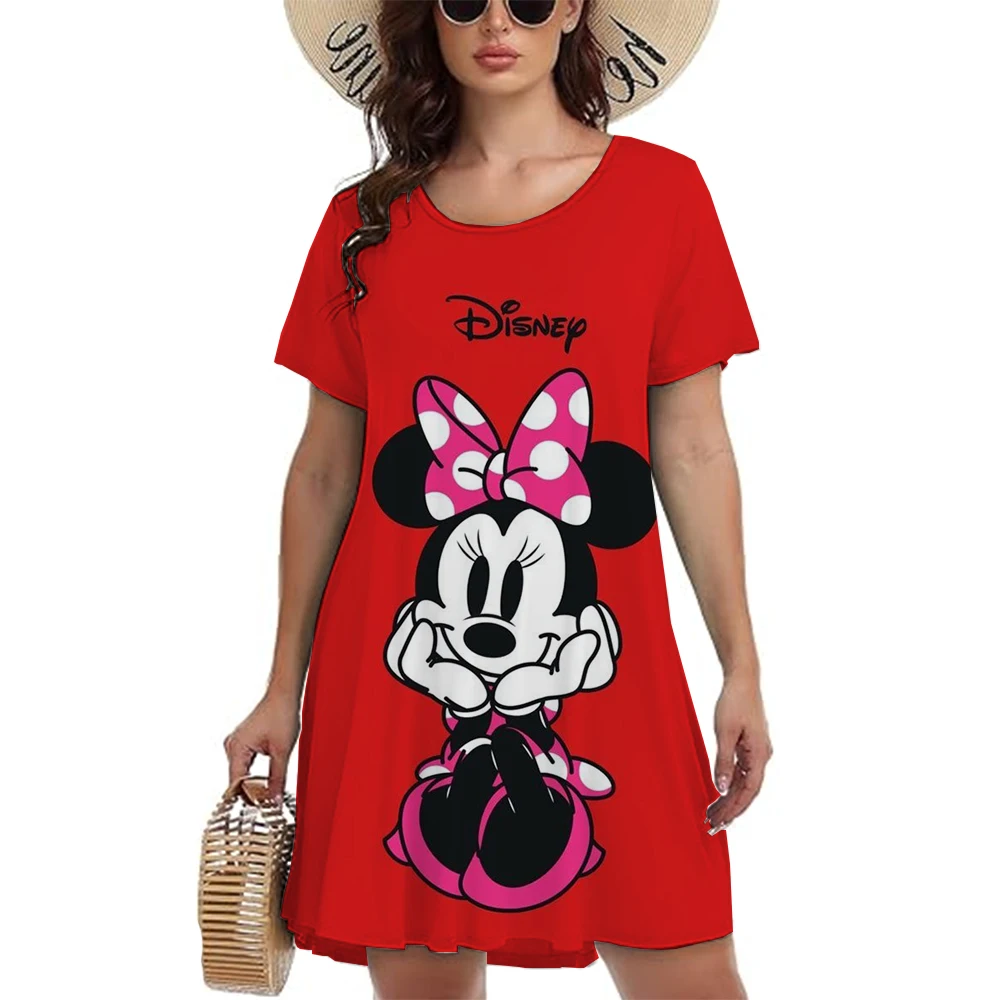 Women\'s casual dress Disney Mickey Mouse pattern printed women\'s mini dress fashionable short sleeved O-neck dress women\'s plus