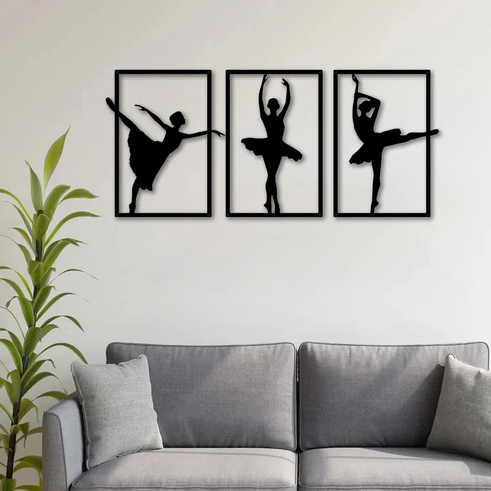 3pcs Ballet Wall Decoration Metal Abstract Line Drawing Female Dancers Hollow Line Painting  Bathroom Living Room Home Decor