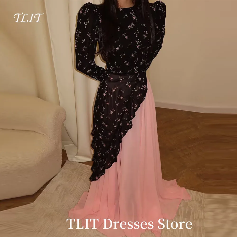 

TLIT Elegant Black with Flower and Pink Contrast color Prom Dresses Floor-Length Prom Gowns Formal Occasion Customized Dresses