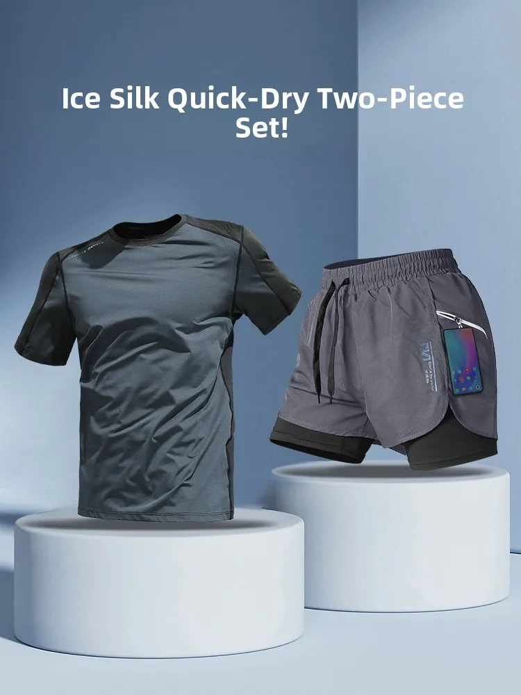 

Мужской летний спортивный костюм из ледяного шелка: быстросохнущая эластичная футболка и шорты для тренировок и бега, повседневная спортивная одежда