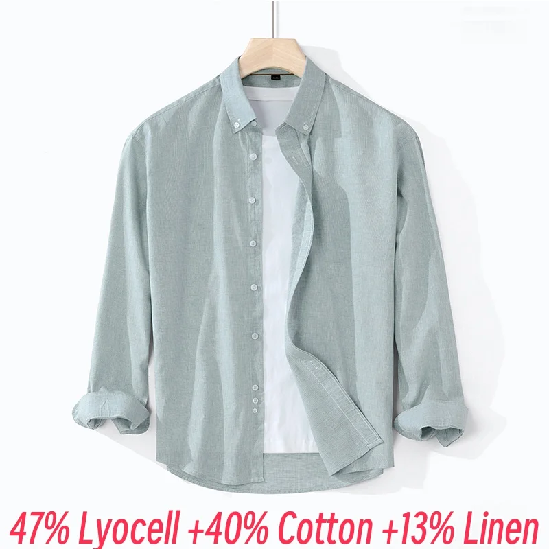 

47% Lyocell +40% Cotton Men Clothes 2025 Spring Classic Business Shirt Long Sleeve Tops Male 13% Linen Casual Dress Shirts