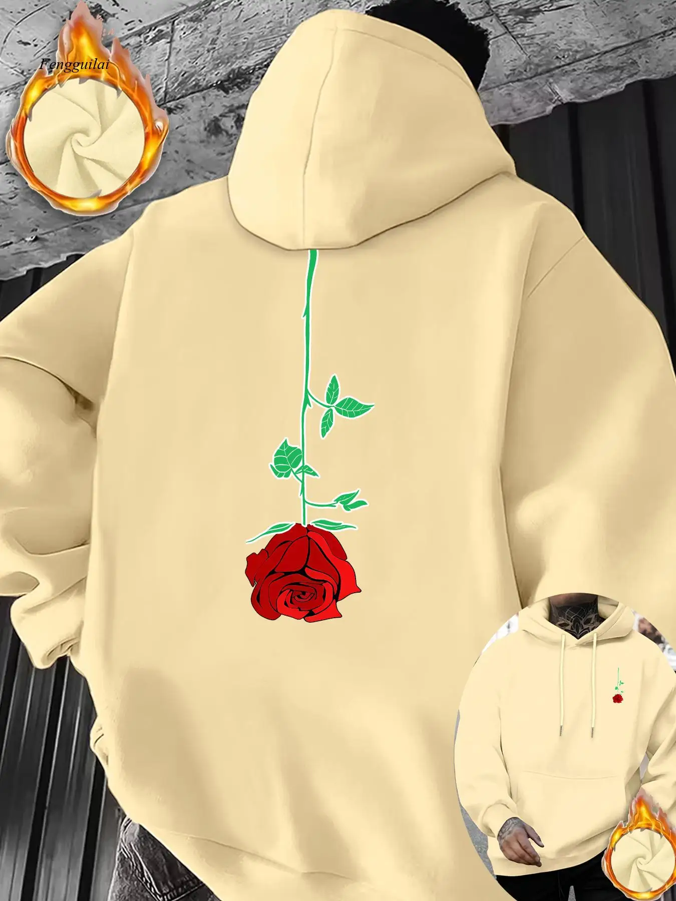 

Утолщенная толстовка с капюшоном, красная роза и цветочным принтом — тяжелый зимний пуловер, принт спереди и сзади