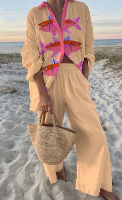 Casual vacanza boho stampato set da 2 pezzi risvolto allentato camicia a maniche lunghe con bottoni vita alta pantaloni a gamba larga vestito primavera nuovo stile