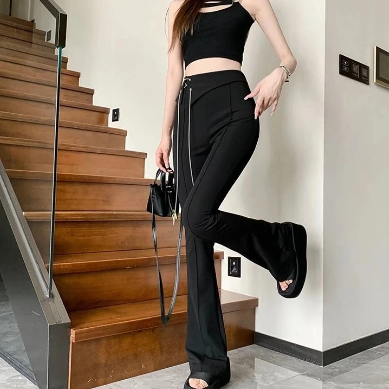 Pantaloni da donna svasati solidi Pantaloni da abito a catena Pantaloni neri lunghi di alta qualità Moda coreana Estetica casual Novità in pantaloni femminili elastici