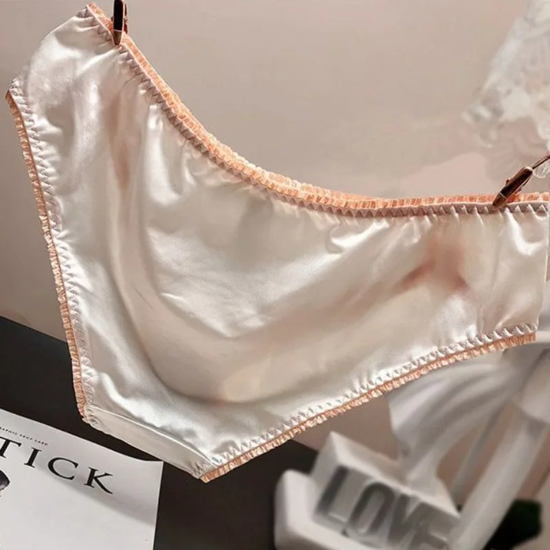 Japanese Ice Silk Bow Satin Fashion Sexy Lace Underwear Women\'s Wooden Ear Edge Briefs Low Waist Triangle Pants Sweet Panties