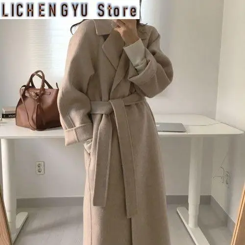 

2023 French Lazy Style Winter Long Coat for Women Warm Female Fresh Classical Belt Retro Trench Coat Woolen Coats Chic Korean