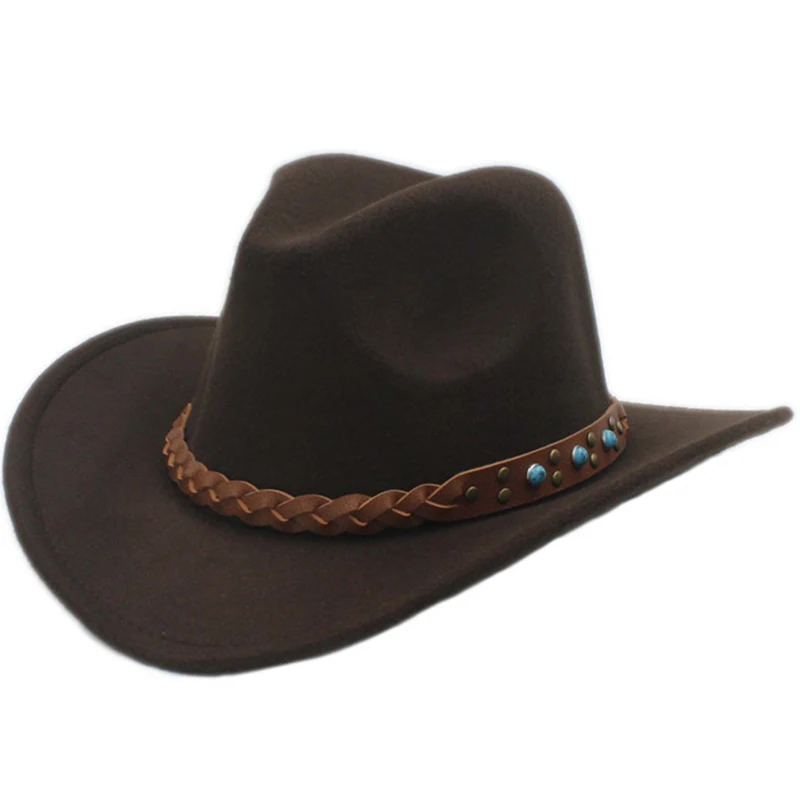 

LUCKYLIANJI Wool Felt Western Cowboy Hat For Kid Child Wide Brim Cowgirl Kallaite Braid Leather Band (Size:54cm,Adjust Rope)