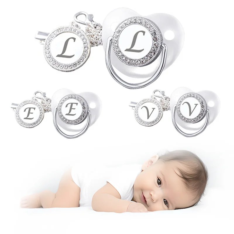 0-3-year-old baby white transparent letter silicone pacifier with chain clip dust cover, gorgeous and exquisite gift