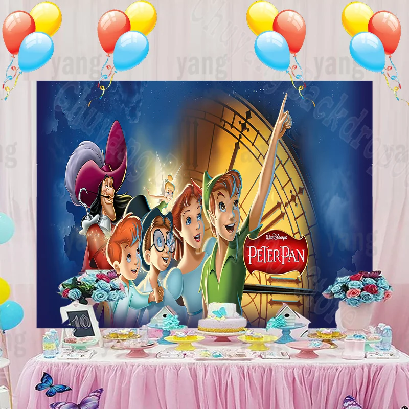 Disney Flying Peter Pan Photo Backdrop Brave Boy Baby Happy Birthday Party Cartoon Decoration Photography Backgrounds Banner