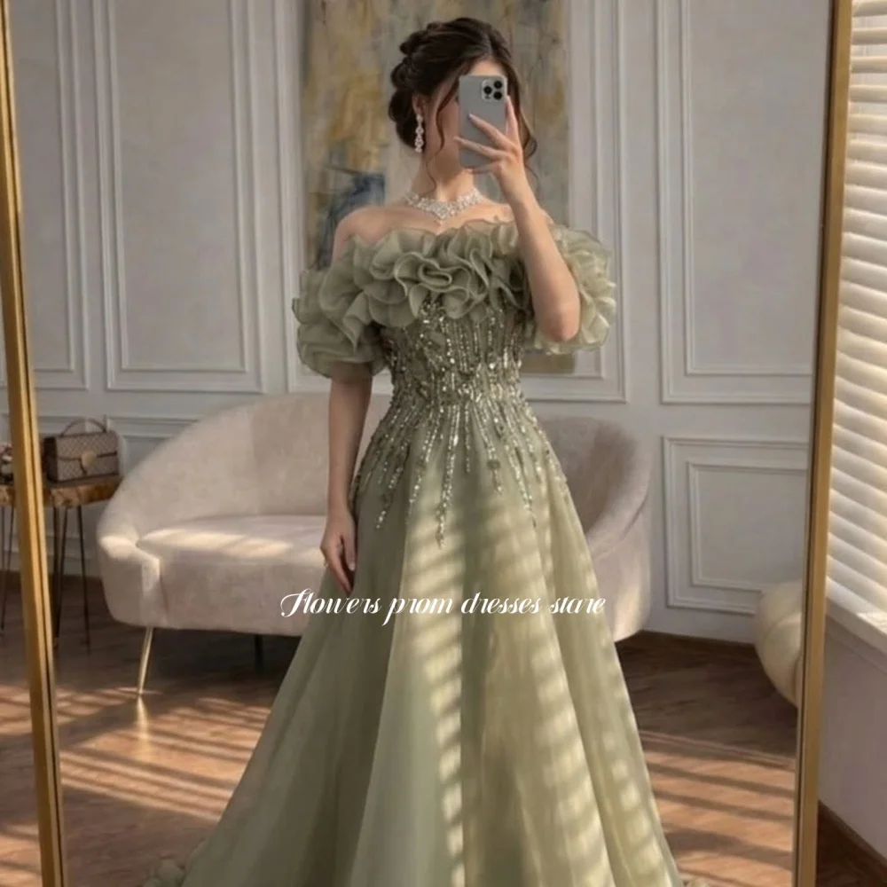 Flowers Off Shoulder Party Dress with Ruffles Beading Princess Dress Embroidery Dress Off Shoulder Prom فساتين السهرة Customized