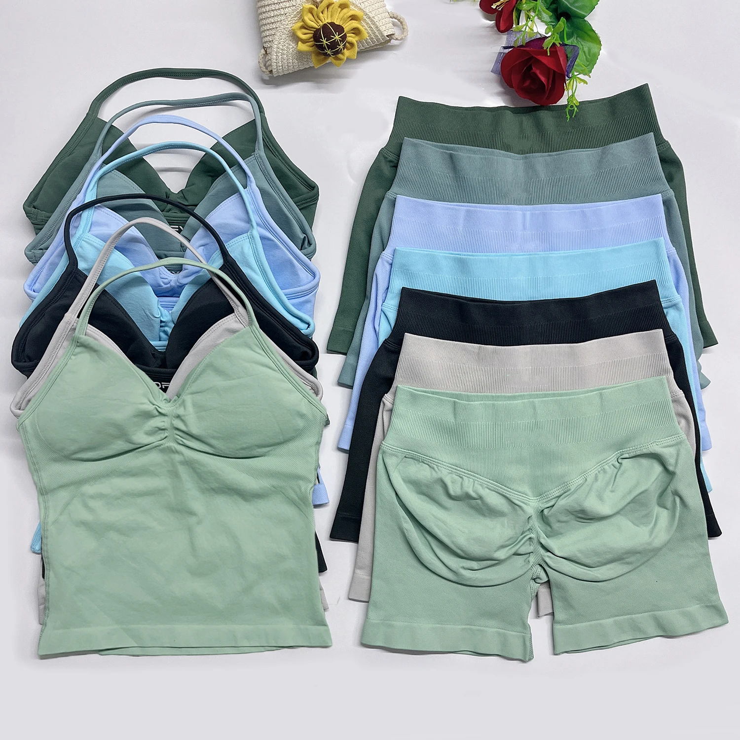 

2Pcs workout Gym Set Dfyoga Longline Strappy Top and seamless Scrunch Butt Lifting Short two pieces yoga set outfits