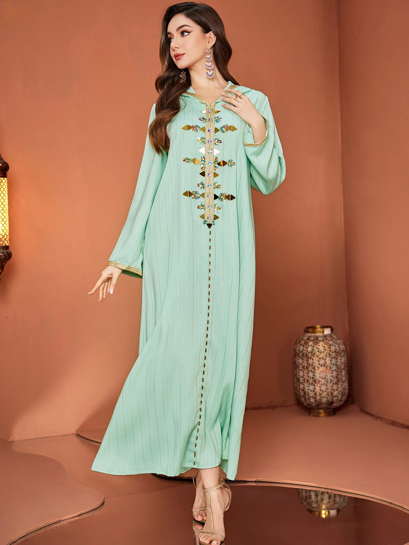 Eid Mubarak Djellaba Hooded Maxi Dress for Women Diamonds Abaya Dubai Turkey Kaftan Islamic Clothing Arabic Robe Jalabiya Gown