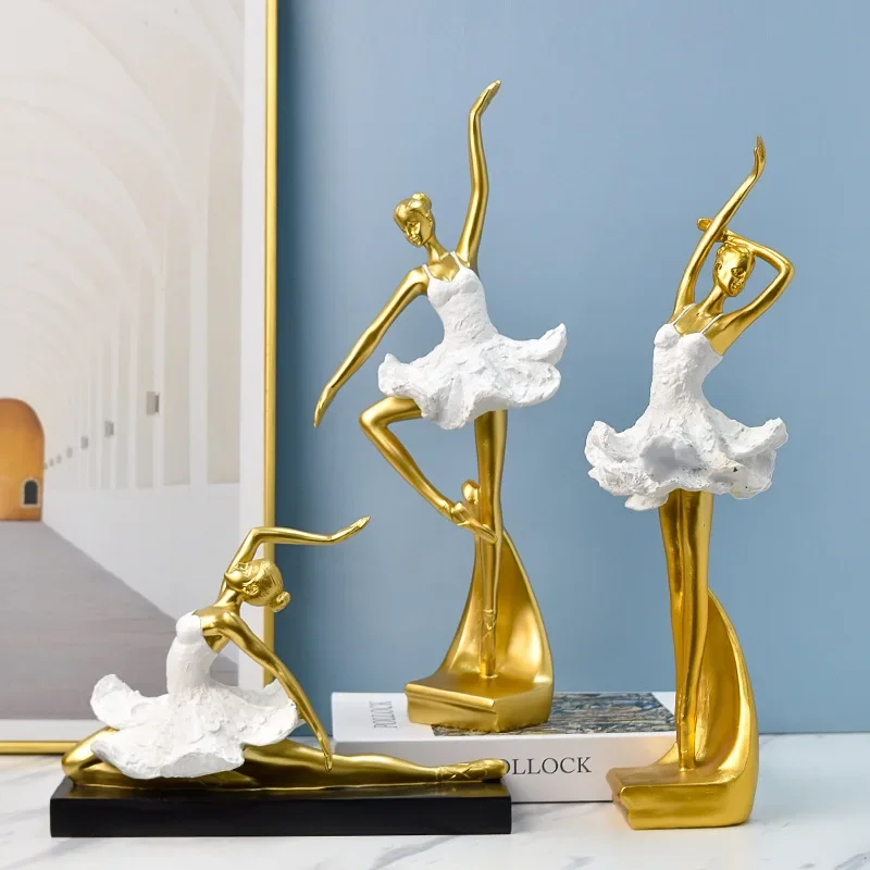 European Resin Girl Sculpture Golden Ballet Girl Knick-knacks Living Room Bookcase Kids Room Character Crafts Decoration New